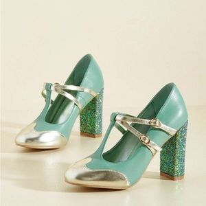 Mod Cloth Dancing Days by Banned seafoam green sparkle block strap heels